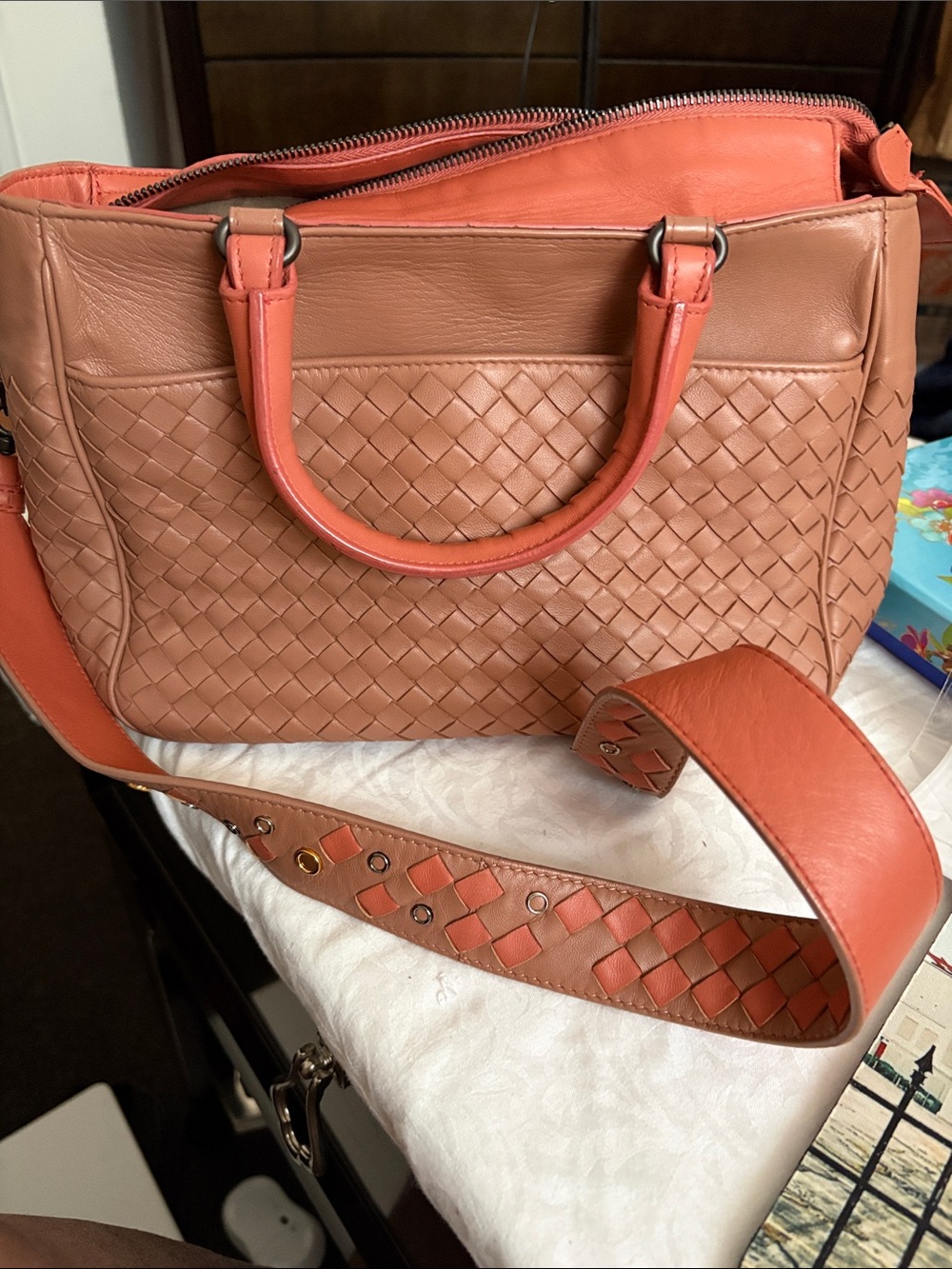 Bottega Veneta Coral and Tan Woven Shoulder Bag